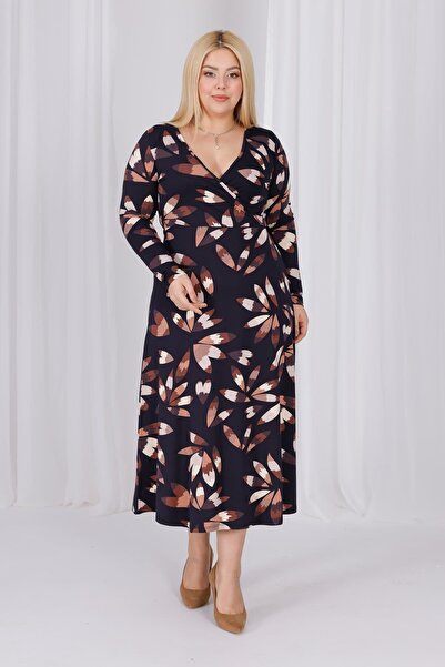 Madwilo Women's Black Coffee Floral Pattern Double-Breasted Neckline Large Size Stretchy Maxi Dress