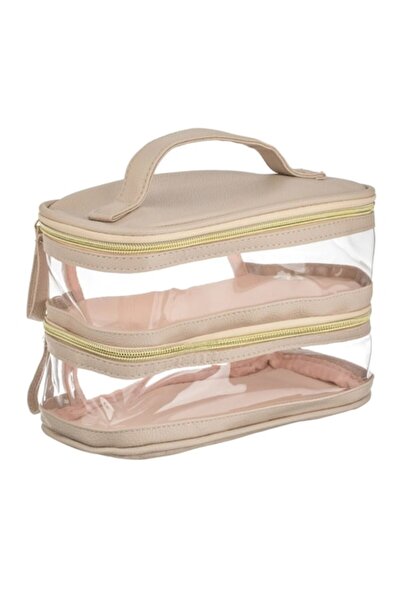OEM Beige Transparent PVC Cosmetic Pouch with 2 Compartments