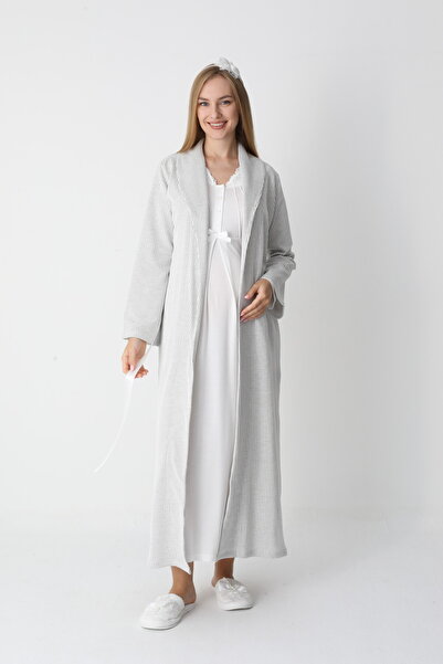 Lohusa Homewear Γυναικείο εκρού ριγέ ειδικό σχέδιο ολόσωμο χειμερινό νυχτικό ...
