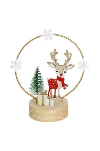 ANTBRO Decorațiune de Crăciun din lemn cu ren, eșarfă, coarne aurii cu sclipi...