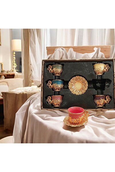 Bakır Center Porcelain Coffee Cup Set Copper Flower Patterned Cup Set Set of 6 Boxed Gift Cup Set