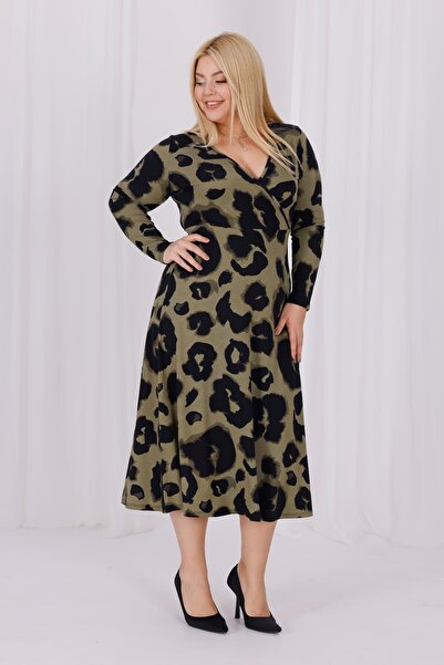 Madwilo Women's Khaki Green Leopard Pattern Double-Breasted Collar Plus Size Stretchy Maxi Dress
