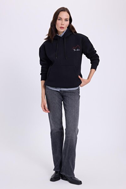 Tudors Kadın Oversize Geniş Kesim Pamuklu Yumuşak Dokulu İçi Polarlı Baskılı Siyah Kapüşonlu Sweatshirt