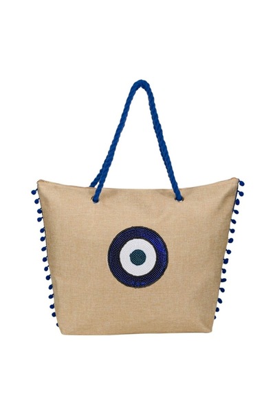 OEM Geantă de plajă din in - Pompon cu paiete Blue Eye 42x15x43cm