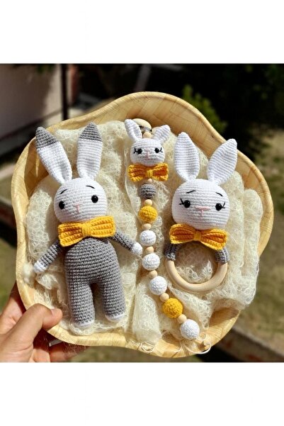 poffibaby Amigurumi Hediyelik Tavşan Emzik Zinciri Çıngırak Uyku Arkadaşı Set