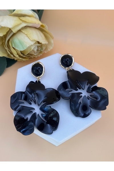 SK aksesuar Büyük Sallantılı Siyah Çiçek Küpe