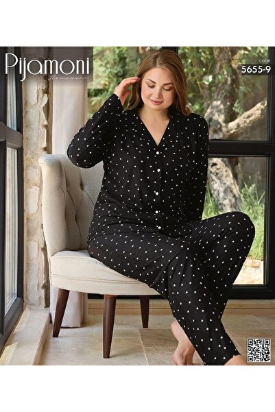 Pijamoni 5655-9 Black Star Buttoned Suede Plus Size Shirt Pajama Set