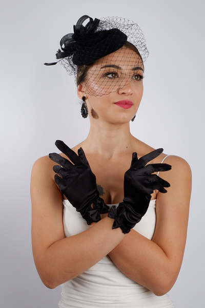 Hayalperest boncuk Elegant Short Polka Dot Lace Rose Detailed Bridal Gloves and Chic Fascinator Wedding Nikah Set