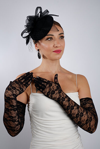 Limelia قفازات زفاف سوداء طويلة من الساتان مع ربطة من الدانتيل، طقم قبعة زفاف