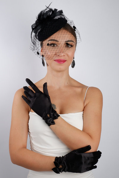 Hayalperest boncuk Elegant Short Polka Dot Lace Rose Detailed Bridal Gloves and Chic Fascinator Wedding Nikah Set