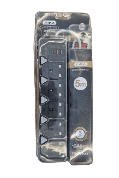 Ama شريط طاقة 2500 واط، 5 منافذ، 2 منفذ USB ومنفذ Type-C، كابل 5 أمتار، أمان ...