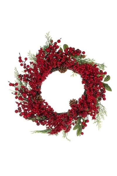 OEM Coroană decorativă de Crăciun, 55 cm, roșie, conuri și fructe de pădure