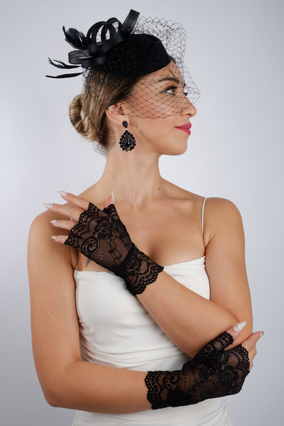 Limelia قفازات زفاف سوداء قصيرة من الساتان مزينة بحجر اللؤلؤ، إكسسوار زفاف، طقم قبعة فاشينيتور