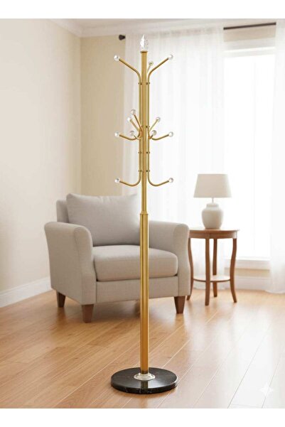 Generic Metal Coat Stand withMarble Base Free Standing Hall Tree with 12 Hooks for Hanging Clothes (Gold)