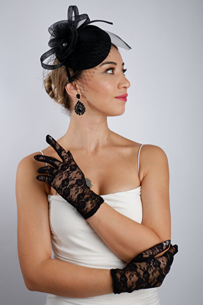 Hayalperest boncuk Elegant Black Long Lace Bridal Gloves and Chic Wedding Fascinator Hat Set