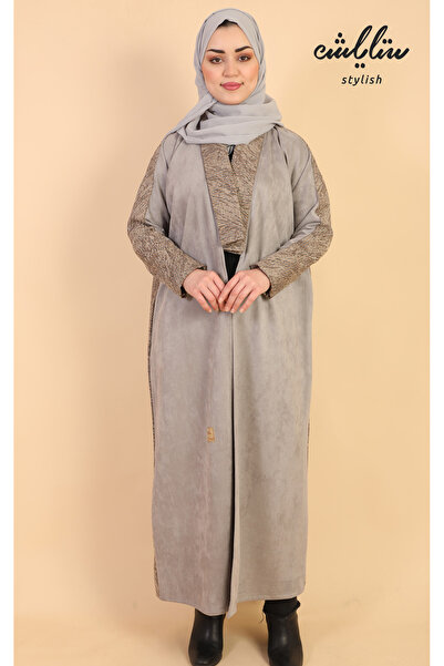 Stylish عباية شتوي شامواه لف باللون الرصاصي والبيج بتدخيلات