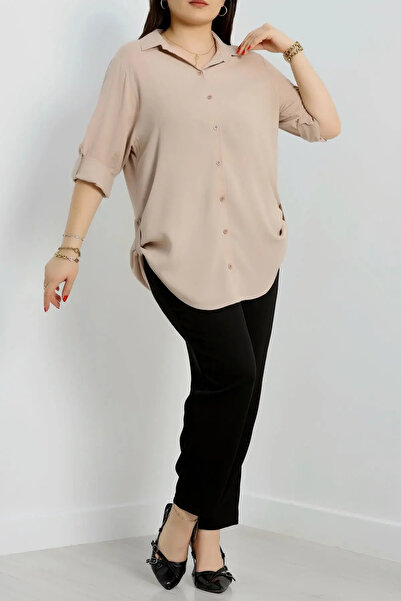 FOR ESRA BIG TREND Γυναικείο υφαντό πουκάμισο βισκόζης με μονόχρωμο μανίκι και διπλωμένο στο πλάι