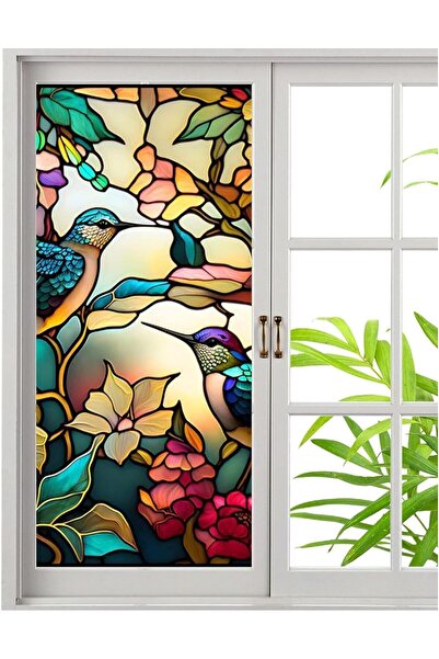 LUXER Self-Adhesive Window Film with Stained Glass Effect, Hummingbird Patter...