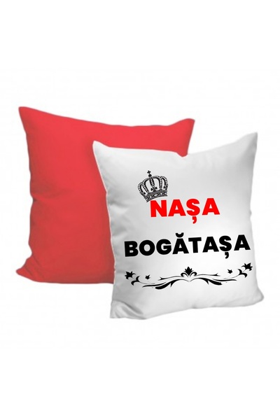 MARİ Pernă personalizată ,, nașa bogătașa" alb+roșu