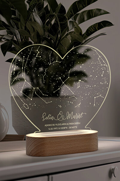 Karma Light Markt Çiftler için Kişiye Özel Yıldız Haritası Kalp Model Led Gece Lambası