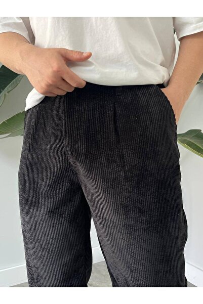 AllWearStyle Rahat Kalıp Siyah Fitilli Kadife Pantolon