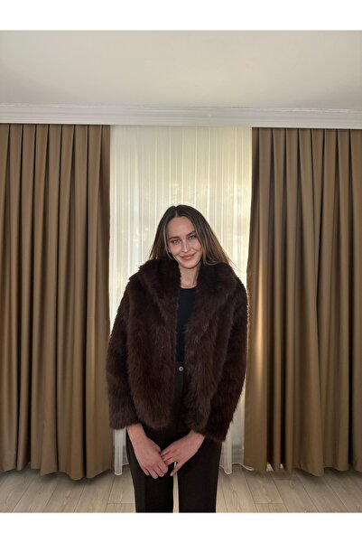 monanora Kadın Kahverengi Yumuşak Dokulu Kruvaze Premium Kürk Kaban