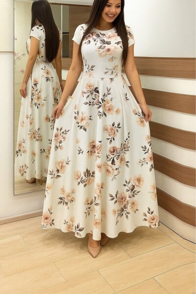 BYNPOL Γυναικείο κοντομάνικο πλεκτό κρεπ φόρεμα με πουά μάξι