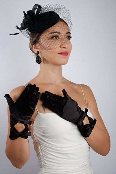 Hayalperest boncuk قفازات زفاف سوداء قصيرة من الساتان مع مجموعة إكسسوارات الزفاف