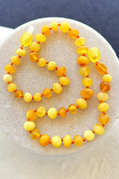 İpek Kehribar Certified Drop Amber Baby Teeth Necklace, Matte 3 Colors Round Cut, Children's Necklace Silk-526