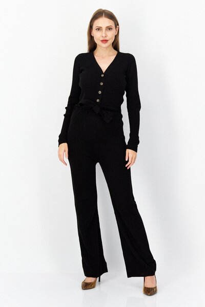 Brave Soul Women Ribbed Belted Long Sleeve Jumpsuit, Black
