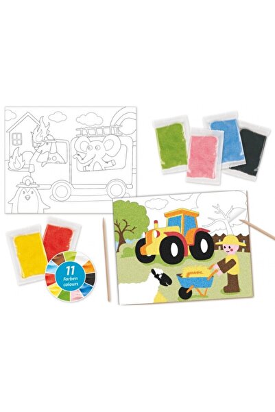 LENA Joc creativ desen cu nisip 2 planse si 11 culori Vehicule cu animale