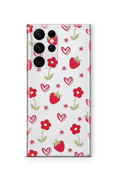 FLAMENKO Samsung Galaxy S23 Ultra Compatible Strawberry and Heart Pattern Tra...