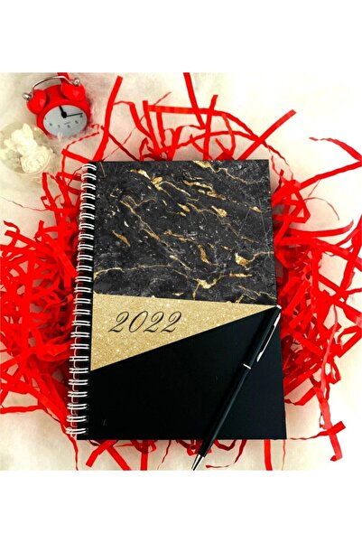 LİNOVERA 2022 Year Marble Pattern Wooden Notebook Pen - Black