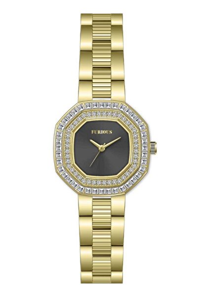 Furious Jewellery Women's Gold Watch - Black Dial with Diamond-Studded Bezel