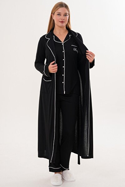 Mecit Pijama Mecit 6333 Black Women's Buttoned Pajama Set with Dressing Gown