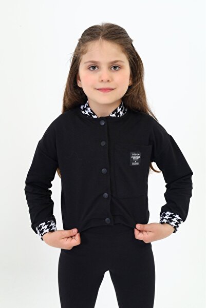 Toontoy Cardigan negru pentru fete, cu guler de colegiu, închidere cu apăsare cu imprimeu bloc de culoare din material subțire - 2 fire cu relief