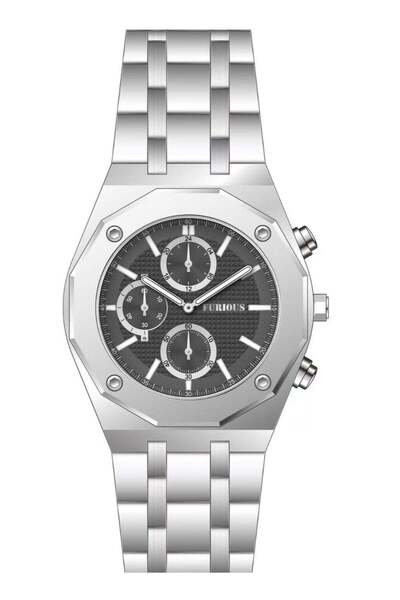 Furious Jewelry Quartz Chronograph Wristwatch – Black Dial with Full Silver Bracelet