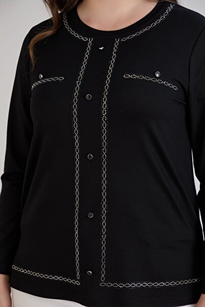 FOR ESRA BIG TREND Women's Plus Size Stone Pattern Printed Ornamental Button Long Sleeve Stretchy Viscose Side Slit Blouse