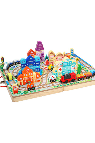 OEM Set trenulet si cuburi constructie din lemn - Track Box City portabil