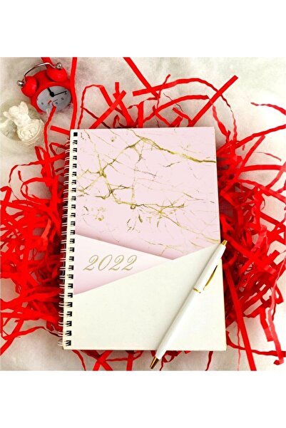 LİNOVERA 2022 Year Marble Pattern Wooden Notebook Pen - Pink
