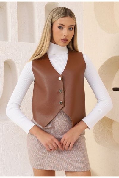 TOPSHOW Faux Leather Button Detailed Vest