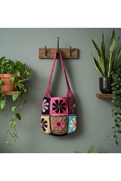 EHF LifeStyle RETRO DAISY RENKLİ ÇİÇEK EL ÖRGÜSÜ MOTİF OMUZ ÇANTA