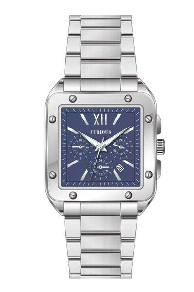 Furious Square Quartz Chronograph Watch — Blue Dial with Full Silver Bracelet