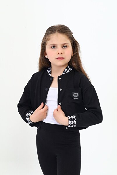 Toontoy Cardigan negru pentru fete, cu guler de colegiu, închidere cu apăsare cu imprimeu bloc de culoare din material subțire - 2 fire cu relief