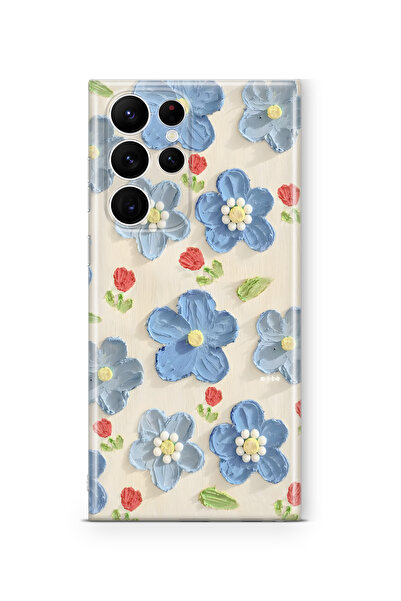 FLAMENKO Samsung Galaxy S25 Ultra Uyumlu Mavi Yağlı Boya Çiçek Desenli Şeffaf...