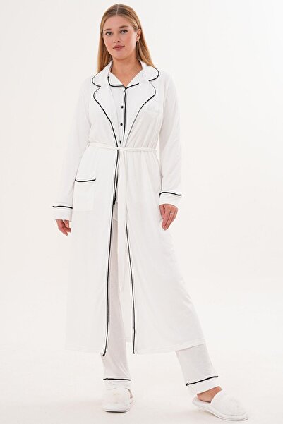 Mecit Pijama Mecit 6333 Ecru Women's Buttoned Pajama Set with Robe