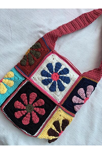 EHF LifeStyle RETRO DAISY RENKLİ ÇİÇEK EL ÖRGÜSÜ MOTİF OMUZ ÇANTA