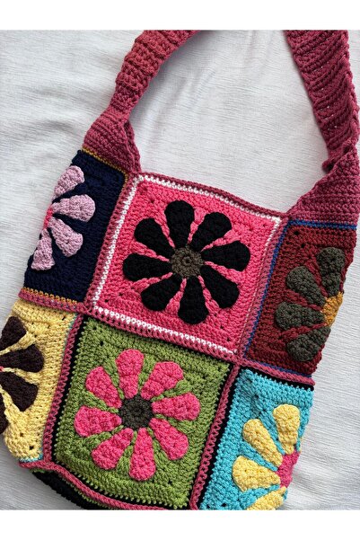 EHF LifeStyle RETRO DAISY RENKLİ ÇİÇEK EL ÖRGÜSÜ MOTİF OMUZ ÇANTA