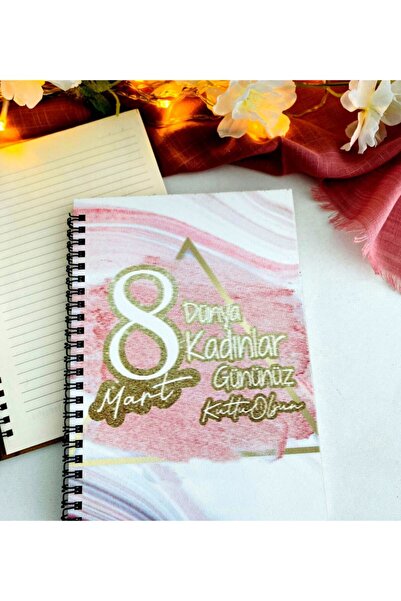 LİNOVERA Women's Day Pink Gold Printed Wooden Notebook