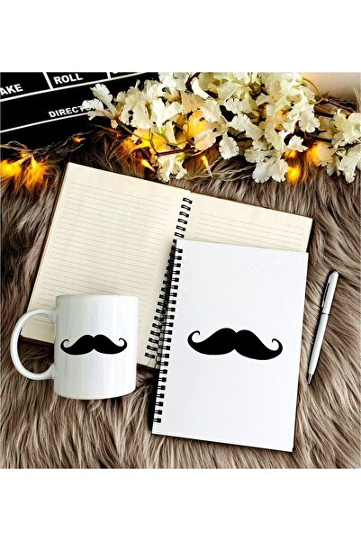 LİNOVERA Moustache Printed Notebook, Pen and Mug Set for Father's Day